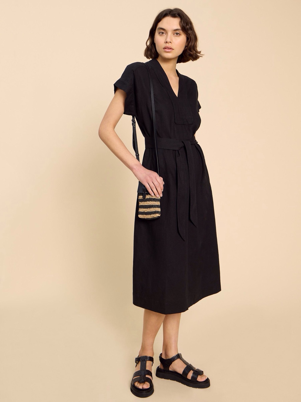 White Stuff / Marianne Black Linen Tie-Waist Midi Dress - Sz 10 - Nwt - England